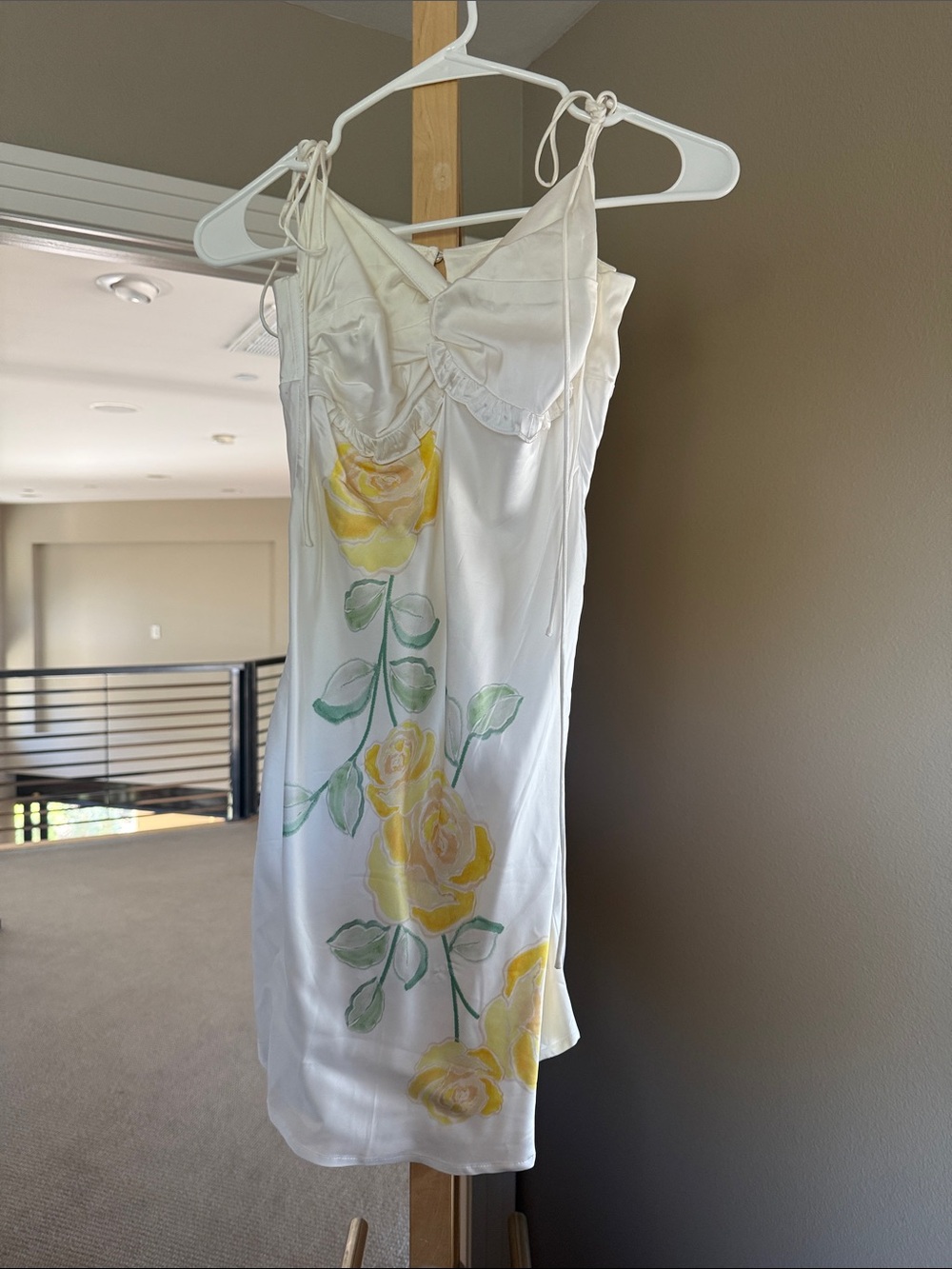 For Love And Lemons Ivory Satin Slip with Yellow Rose Motif